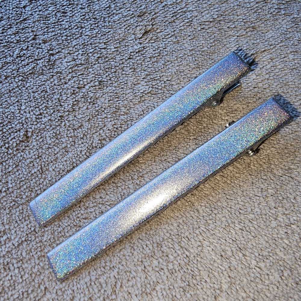 2 Hair Clips Holo Silver Accessories Barrettes Alligator Hand Painted Indie